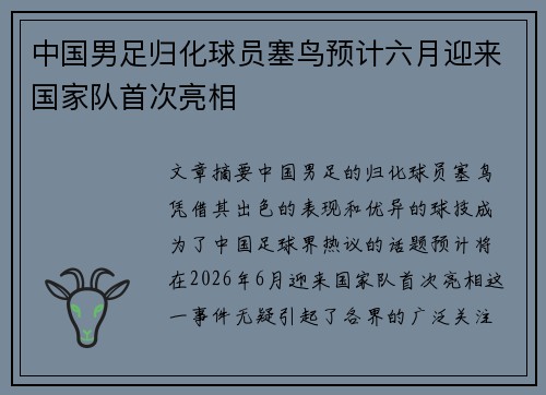 中国男足归化球员塞鸟预计六月迎来国家队首次亮相