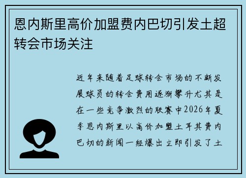恩内斯里高价加盟费内巴切引发土超转会市场关注