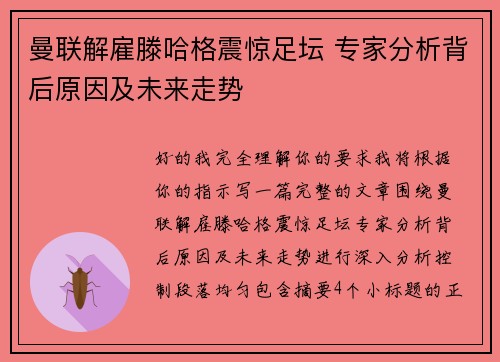 曼联解雇滕哈格震惊足坛 专家分析背后原因及未来走势 曼联解雇滕哈格震惊足坛 专家分析背后原因及未来走势
